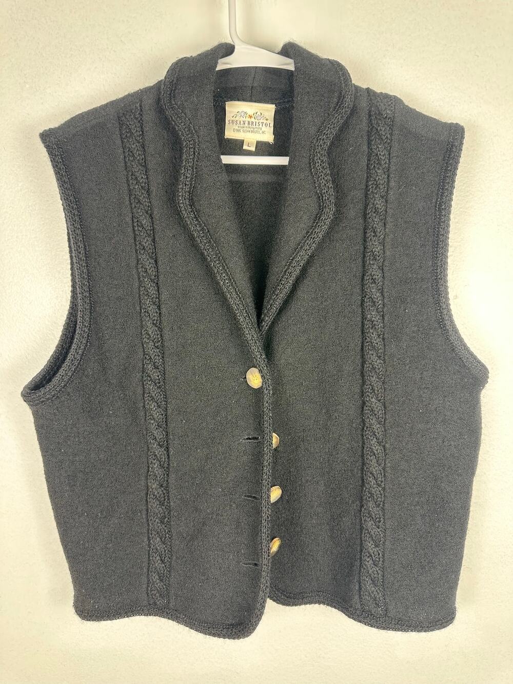 Susan Bristol Vintage 90s Cable Knit Wool Blend Vest Jacket Large L Black